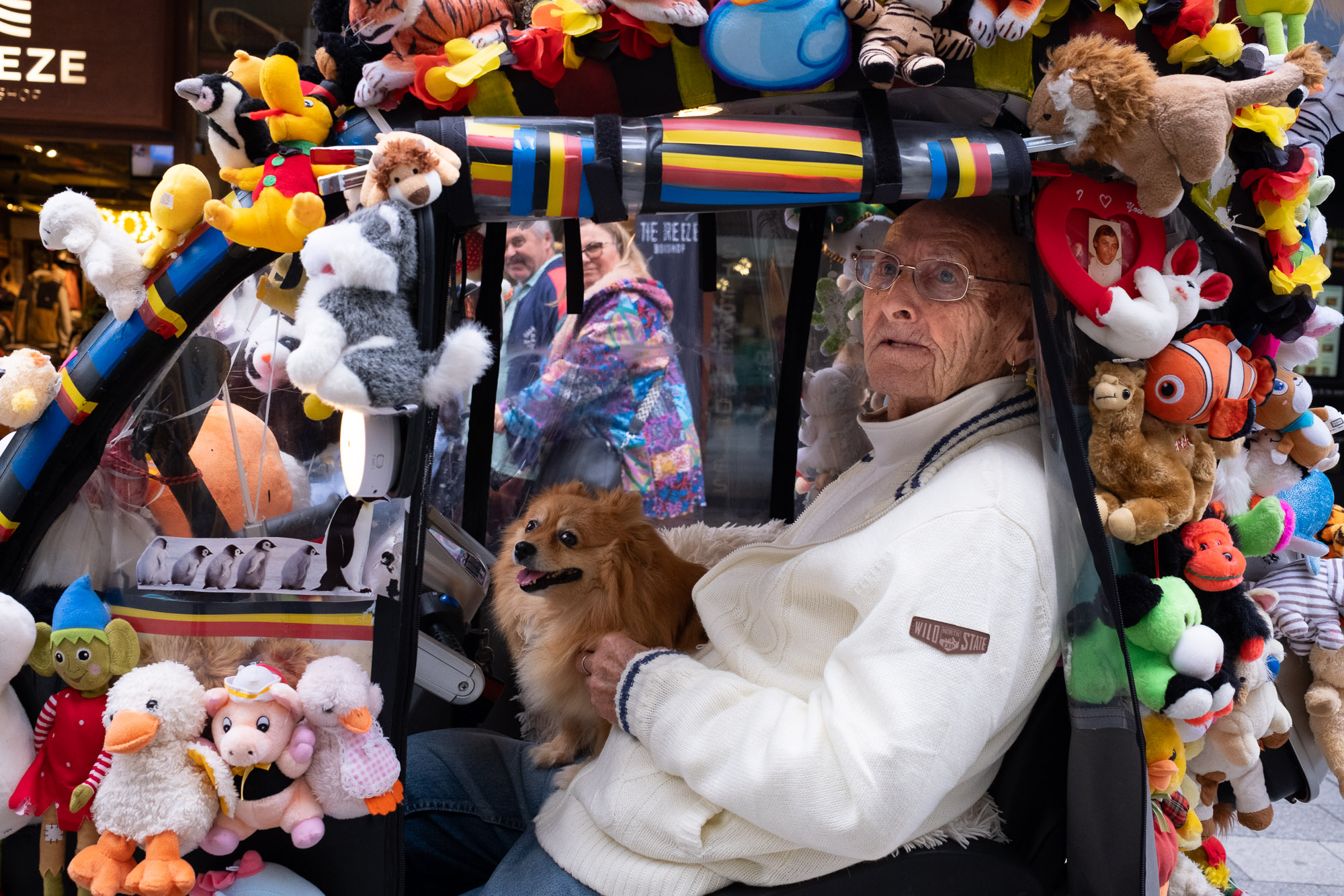 Man met hondje in een rolwagen vol knuffels op de dijk