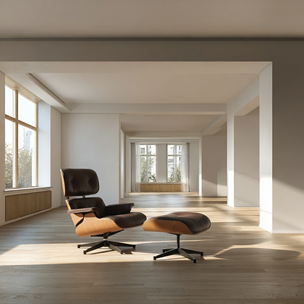 Dezelfde ruimte met een designfauteuil en voetenbank