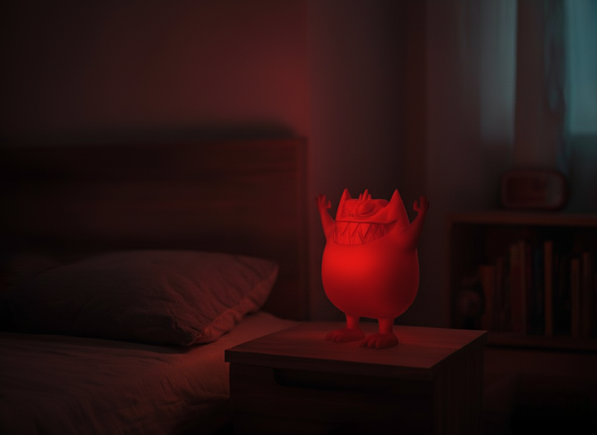 De lamp brandt als nachtlampje naast een bed in een donkere slaapkamer
