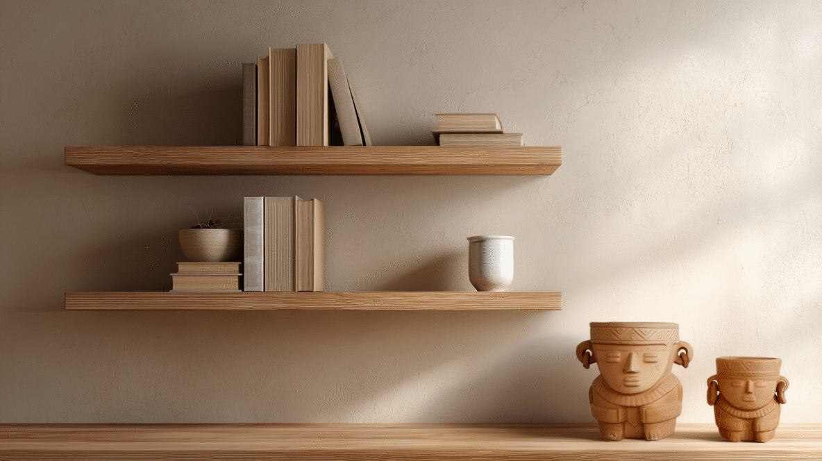 AI productfoto van terracotta potjes realistisch geplaatst in een interieur met houten boekenplank.